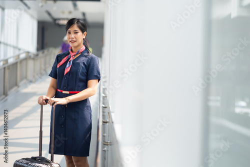 Portrait female Cabin crew or air hostess in airport. Cabin crew, air hostess working in airplane. Service mind. Asian stewardess with suitcase at modern airport terminal. flight attendant