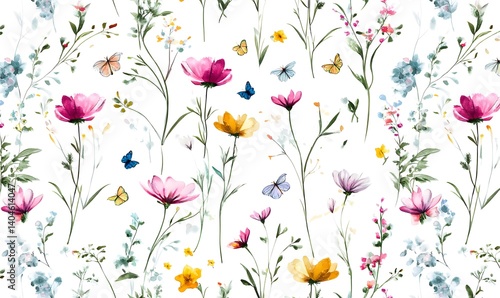 Wallpaper Mural Watercolor Wildflowers and Butterflies Seamless Pattern Torontodigital.ca