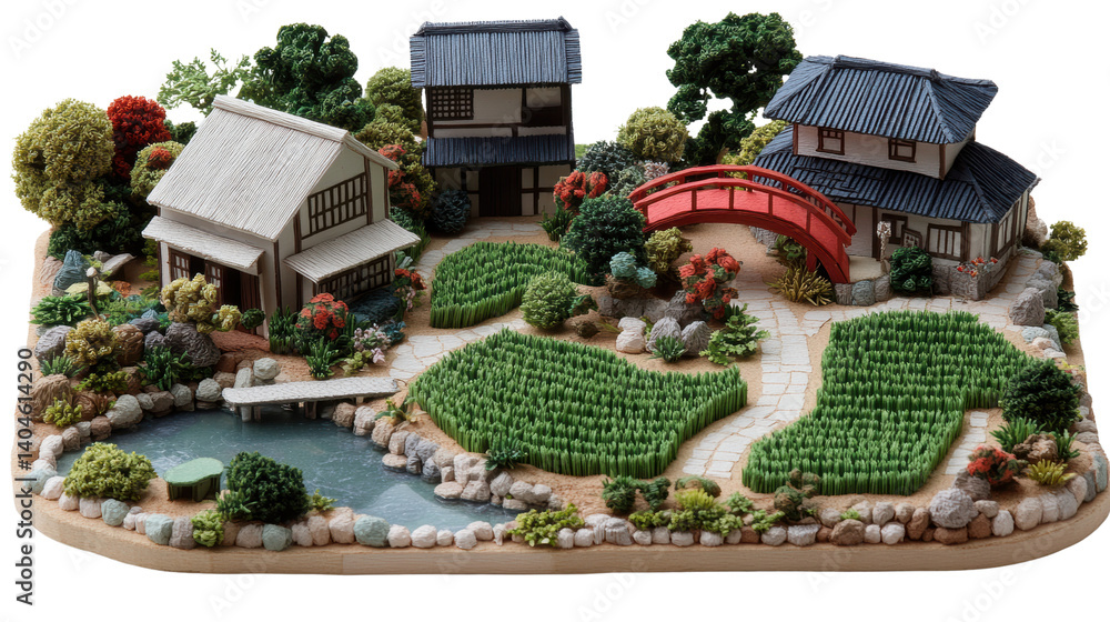 Detailed japanese garden model with traditional houses, red bridge, stream, and lush greenery in miniature setting Detailed japanese garden model with traditional houses, red bridge, stream, and lush greenery in miniature setting