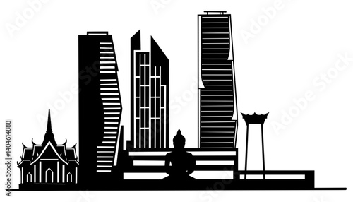 Bangkok Skyline Silhouette with Iconic Landmarks. Giant Swing, Wat Benchamabophit, Wat Pak Nam and One Bangkok Building