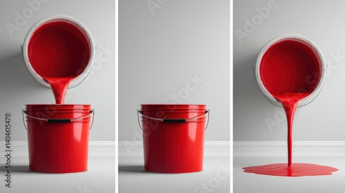 3D illustration of a paint bucket pouring red color, against a white background, from three different angles. 