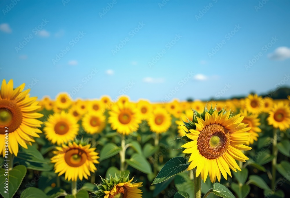 A vibrant field of sunflowers stretches out beneath a clear blue sky. The image captures a sea of bright yellow sunflower heads facing towards the camera, their petals radiating outwards. A vibrant field of sunflowers stretches out beneath a clear blue sky. The image captures a sea of bright yellow sunflower heads facing towards the camera, their petals radiating outwards.