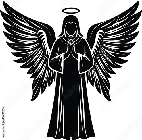 Elegant Angel Silhouette Praying Vector Illustration With Wings And Halo Design