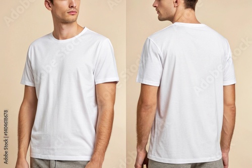 White Blank T-Shirt Mockup on Male Model Front and Back View – Isolated on Beige Background
