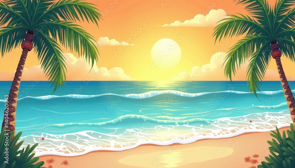 Obraz premium This illustration depicts a picturesque tropical beach scene at sunset. Two palm trees frame the image, their fronds stretching across the top corners. 