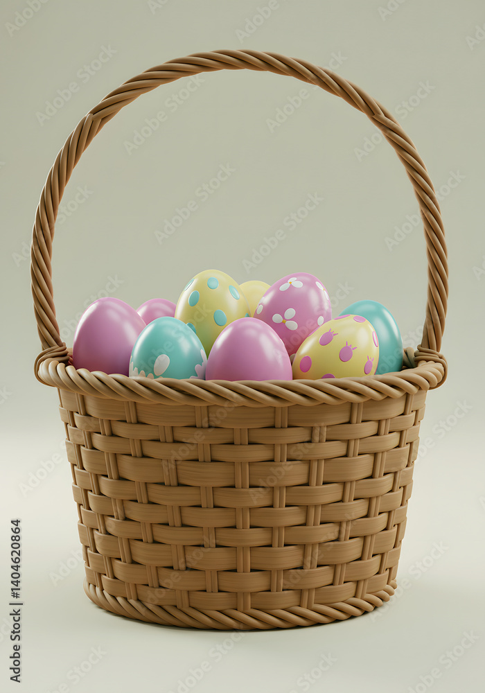 Classic Easter Symbol—3D Modeled Basket with Eggs for a Balanced and Simple Composition Classic Easter Symbol—3D Modeled Basket with Eggs for a Balanced and Simple Composition