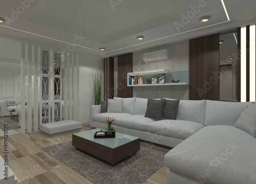 Wallpaper Mural Modern 3D living room design with a comfortable couch, decorative wall paneling with simple shelving, a minimalist wooden center table, and a room divider. Torontodigital.ca