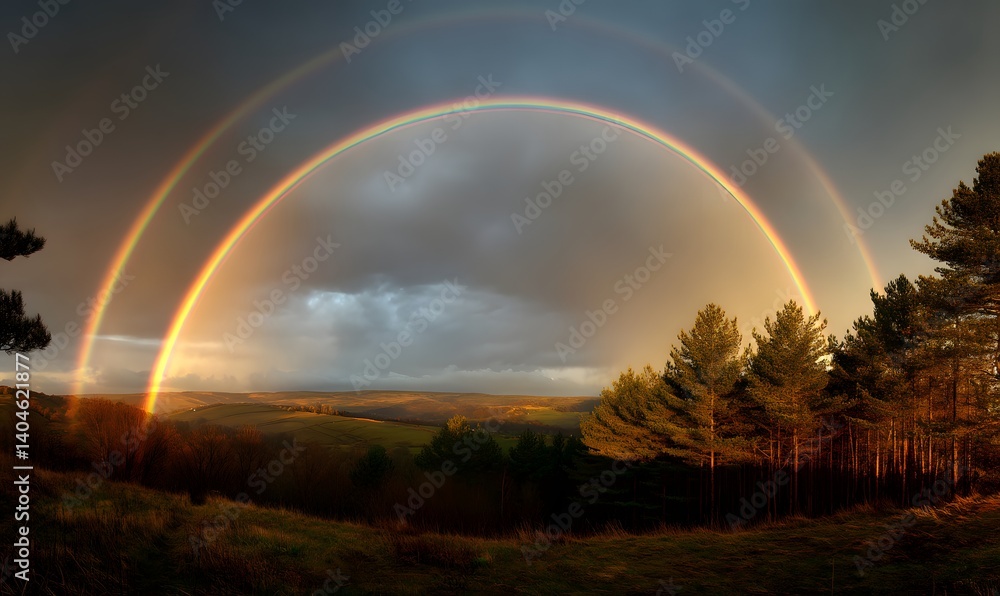 Naklejka premium Stunning Double Rainbow Over Rolling Green Hills and Majestic Pine Trees Dramatic Sky Landscape Photography Nature Beauty Awe Hope