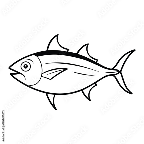 A black tuna vector illustration shows a cartoon fish, an isolated marine animal with fins, on a white background