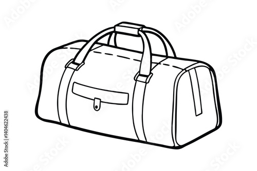 A black and white line art drawing of a vintage canvas travel bag with leather trim.eps