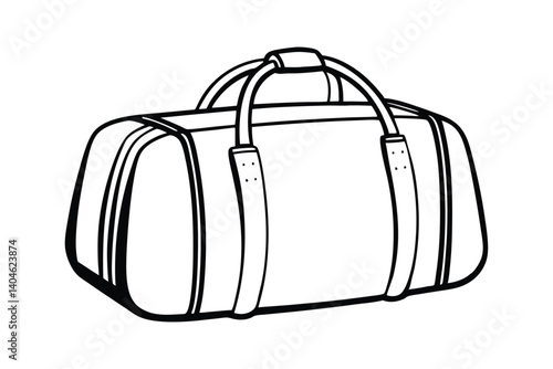 A black and white line art drawing of a vintage travel duffel bag.eps