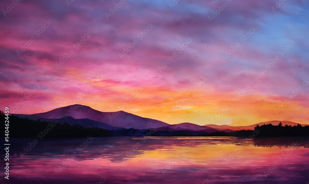 Vibrant Sunset Landscape Painting Peaceful Mountain Lake Scene Colorful Sky Dramatic Fiery Hues Tranquil Nature Watercolor Art Serene Evening View Vibrant Sunset Landscape Painting Peaceful Mountain Lake Scene Colorful Sky Dramatic Fiery Hues Tranquil Nature Watercolor Art Serene Evening View