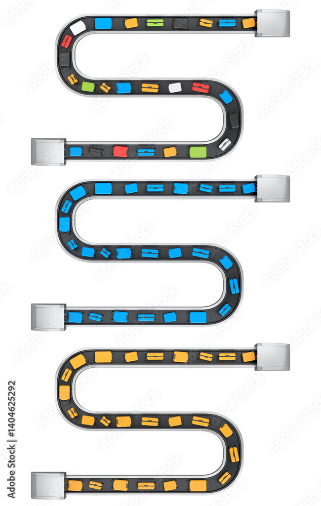 Fototapeta premium Set of Airport luggage conveyor belt or baggage claim area with suitcases on white background. 3d render of travel vacation concept.