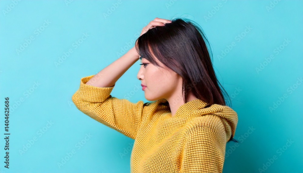 不安で頭をかきむしる女性の横顔 不安で頭をかきむしる女性の横顔