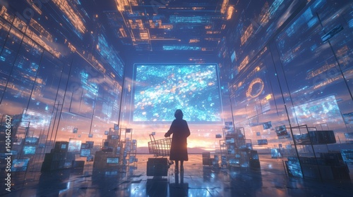 Person with shopping cart in futuristic digital landscape