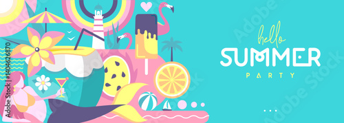 Hello Summer flat poster or banner with mermaid, cocktails, flamingo, tropic fruits and rainbow. Vector illustration