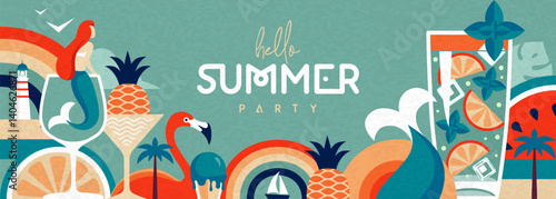 Hello Summer flat poster or banner with mermaid, cocktail, watermelon, flamingo and rainbow. Vector illustration