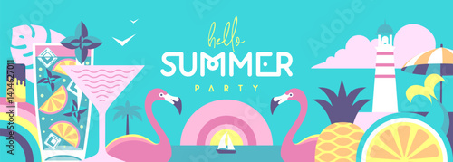 Hello Summer flat poster or banner with mermaid, cocktails, flamingo, tropic fruits and rainbow. Vector illustration