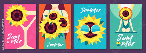 Set of colorful summer posters, banners or covers with sunflower. Season summer background. Vector illustration