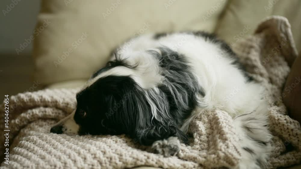 Black and white cocker spaniel dog resting on knitted blanket indoors Black and white cocker spaniel dog resting on knitted blanket indoors