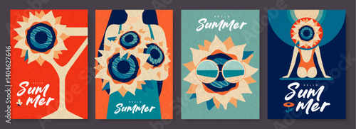 Set of colorful summer posters, banners or covers with sunflower. Season summer background. Vector illustration
