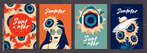 Set of colorful summer posters, banners or covers with sunflower. Season summer background. Vector illustration