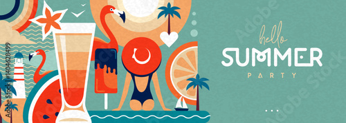 Hello Summer flat poster or banner with lighthouse, cocktail, flamingo, tropic fruits and rainbow. Vector illustration