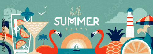 Hello Summer flat poster or banner with mermaid, cocktails, flamingo, tropic fruits and rainbow. Vector illustration