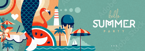 Hello Summer flat poster or banner with mermaid, cocktail, watermelon, flamingo and rainbow. Vector illustration