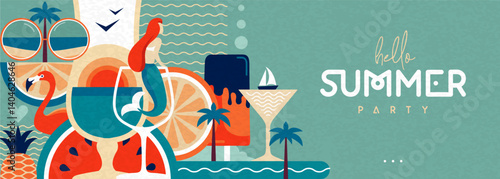 Hello Summer flat poster or banner with mermaid, cocktails, flamingo, tropic fruits and palm trees. Vector illustration
