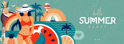 Hello Summer flat poster or banner with mermaid, girl in swimsuit, cocktail, tropic fruits and rainbow. Vector illustration