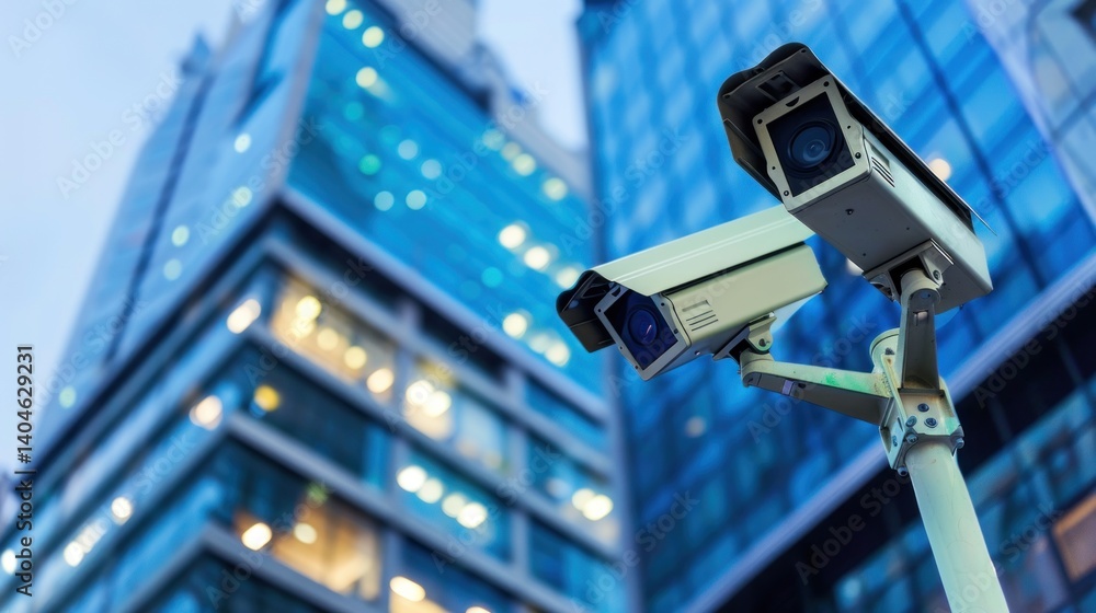 Two security cameras are mounted on a pole in front of a tall building
