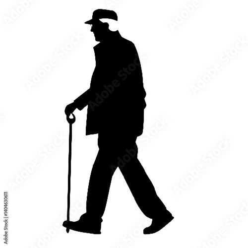 杖を持った老人のシルエット、全身黒色のみ