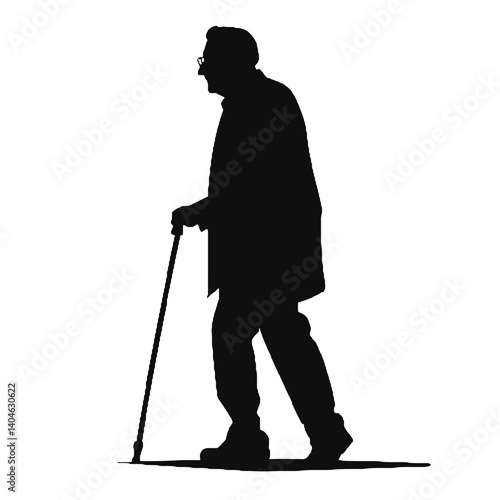 杖を持った老人のシルエット、全身黒色のみ