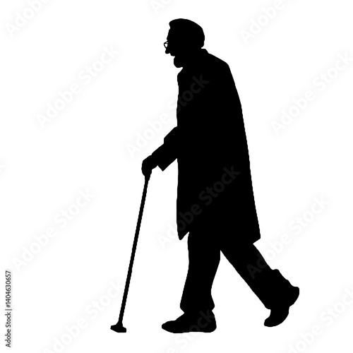 杖を持った老人のシルエット、全身黒色のみ
