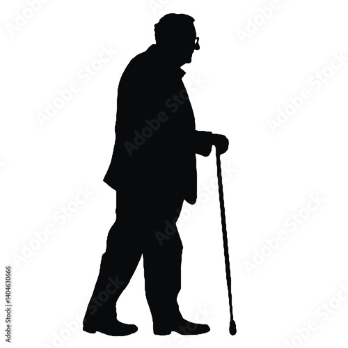 杖を持った老人のシルエット、全身黒色のみ