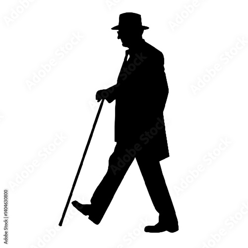 杖を持った老人のシルエット、全身黒色のみ