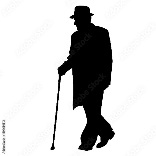 杖を持った老人のシルエット、全身黒色のみ