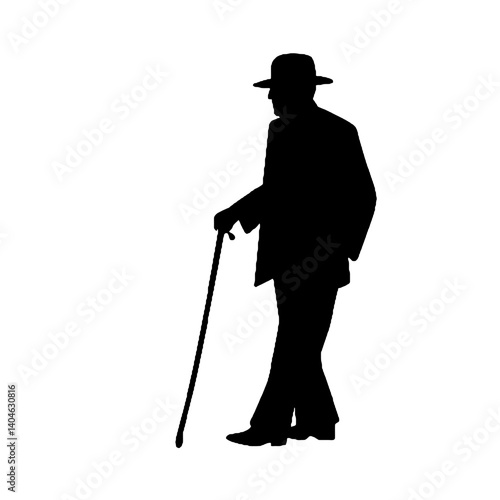 杖を持った老人のシルエット、全身黒色のみ