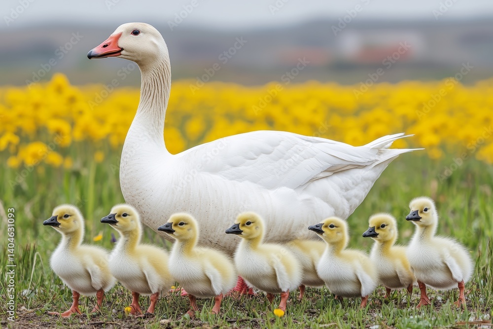 Obraz premium Goslings follow mother after rain