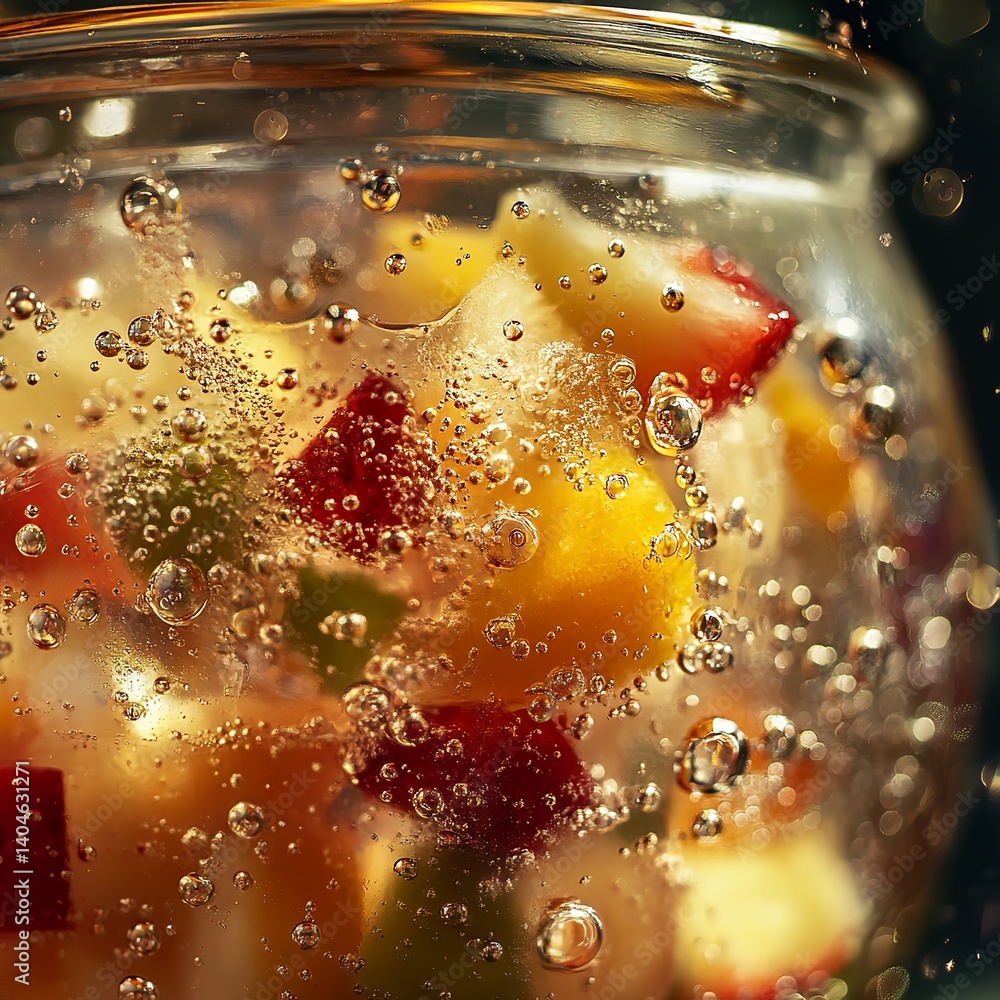 Macro Shot of Colorful Fruit Chunks with Bubbles in Sparkling Syrup Jar Macro Shot of Colorful Fruit Chunks with Bubbles in Sparkling Syrup Jar