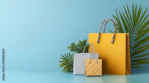 Three vibrant shopping bags sit on a light blue background adorned with lush tropical palm leaves ideal for online store summer sale promotions and advertising.