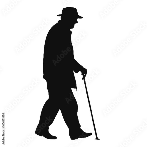 杖を持った老人のシルエット、全身黒色のみ