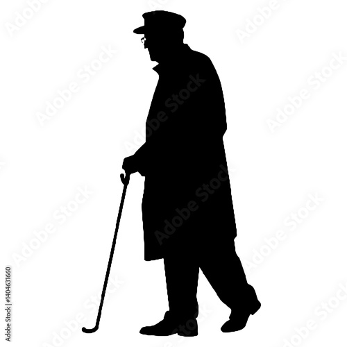 杖を持った老人のシルエット、全身黒色のみ