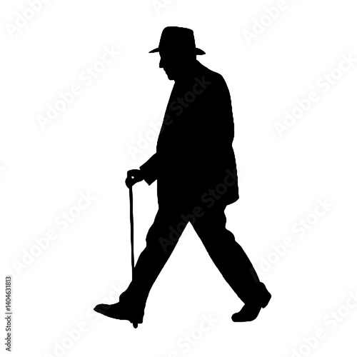杖を持った老人のシルエット、全身黒色のみ