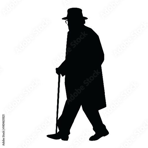 杖を持った老人のシルエット、全身黒色のみ