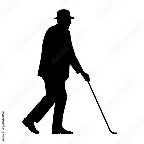 杖を持った老人のシルエット、全身黒色のみ