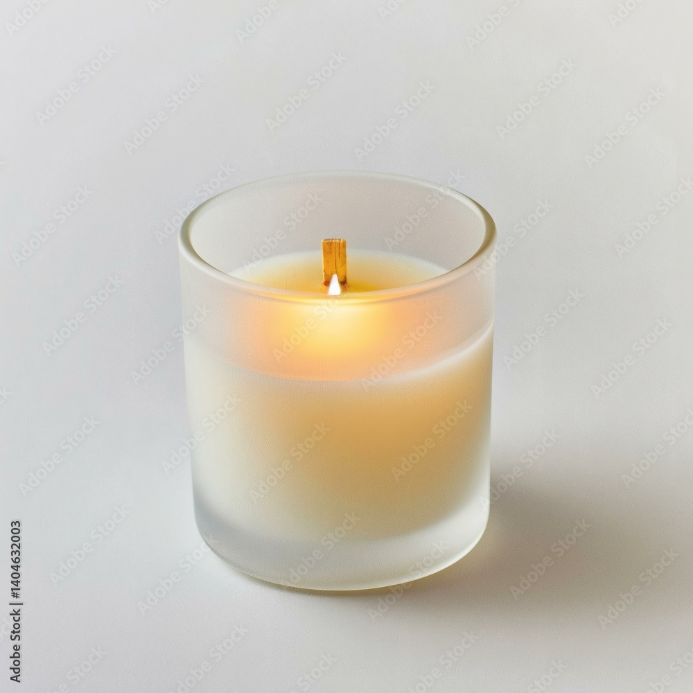 Lit Wood Wick Candle in Frosted Glass Jar Radiating Warm Glow on a Clean White Surface Lit Wood Wick Candle in Frosted Glass Jar Radiating Warm Glow on a Clean White Surface