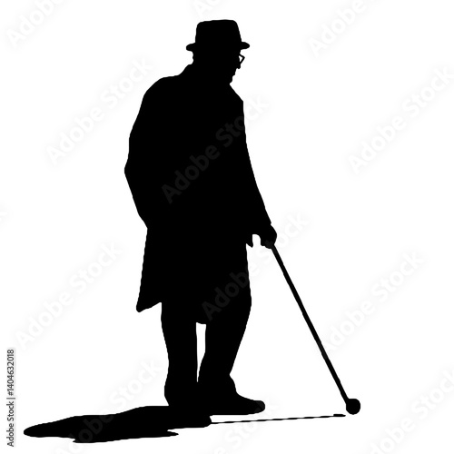 杖を持った老人のシルエット、全身黒色のみ
