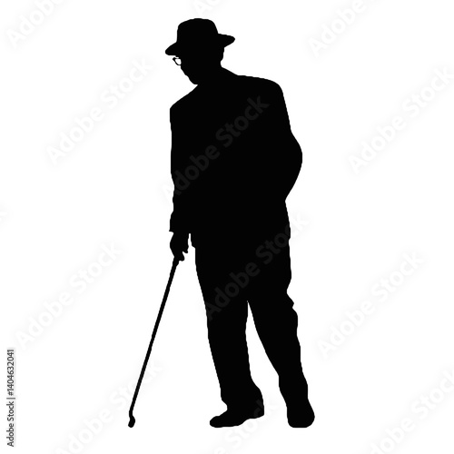 杖を持った老人のシルエット、全身黒色のみ